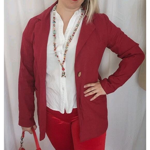 MANTAIKOTAI Linen Blazer S Red Staple Workwear Office Summer Classic Preppy - Picture 11 of 11